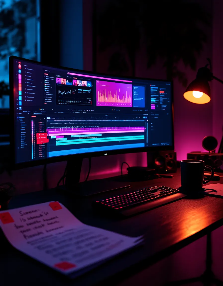 The Bellerophon Reels edit desk at dusk: a timeline on an ultrawide monitor, a printed script marked with orange timecodes, and pink labels stuck to the bezel